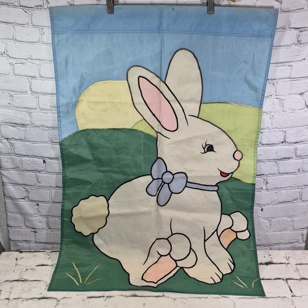 Vintage Easter Spring Garden Flag Bunny Rabbit Banner Nylon Holiday Decor